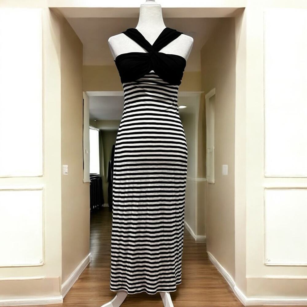 NEW MSSP Striped Two Tone Contrast Bustier Halter Hourglass Maxi Dress NWT